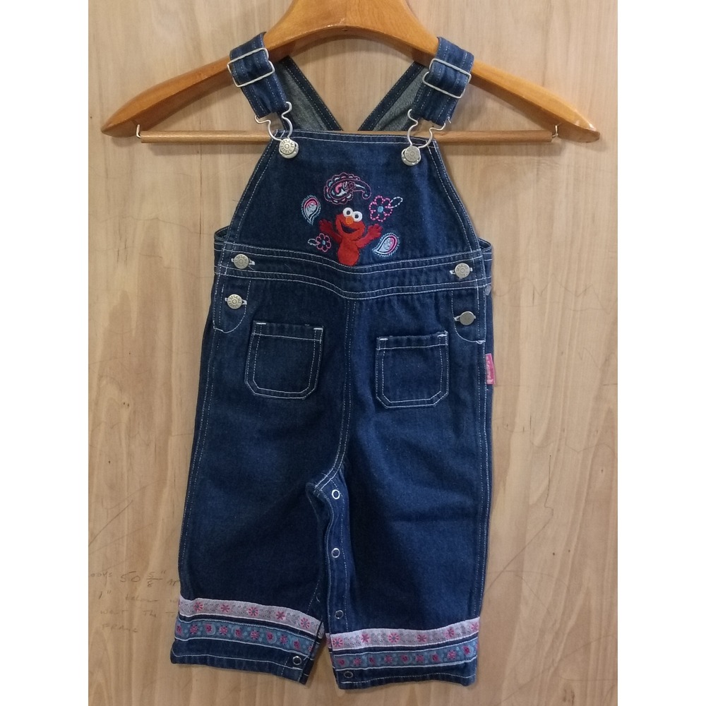 Vintage Sesame Street Elmo Denim Overalls 18M Dark Wash Floral Trim 100% Cotton.